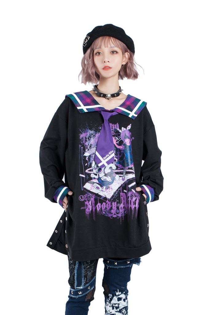 Jillpunkオリジナル二次コン 暗闇の童話セーラー長袖兎耳水兵服ネックタイベルト付きチュニックワンピース サイドスリットドレスタータンチェック柄 COSPLAYレディースV系 病みカワ原宿秋葉系 おしゃれ地雷系可愛い萌え