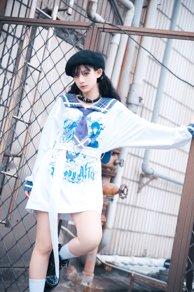 Jillpunkオリジナル二次コン 暗闇の童話セーラー長袖兎耳水兵服ネックタイベルト付きチュニックワンピース サイドスリットドレスタータンチェック柄 COSPLAYレディースV系 病みカワ原宿秋葉系 おしゃれ地雷系可愛い萌え