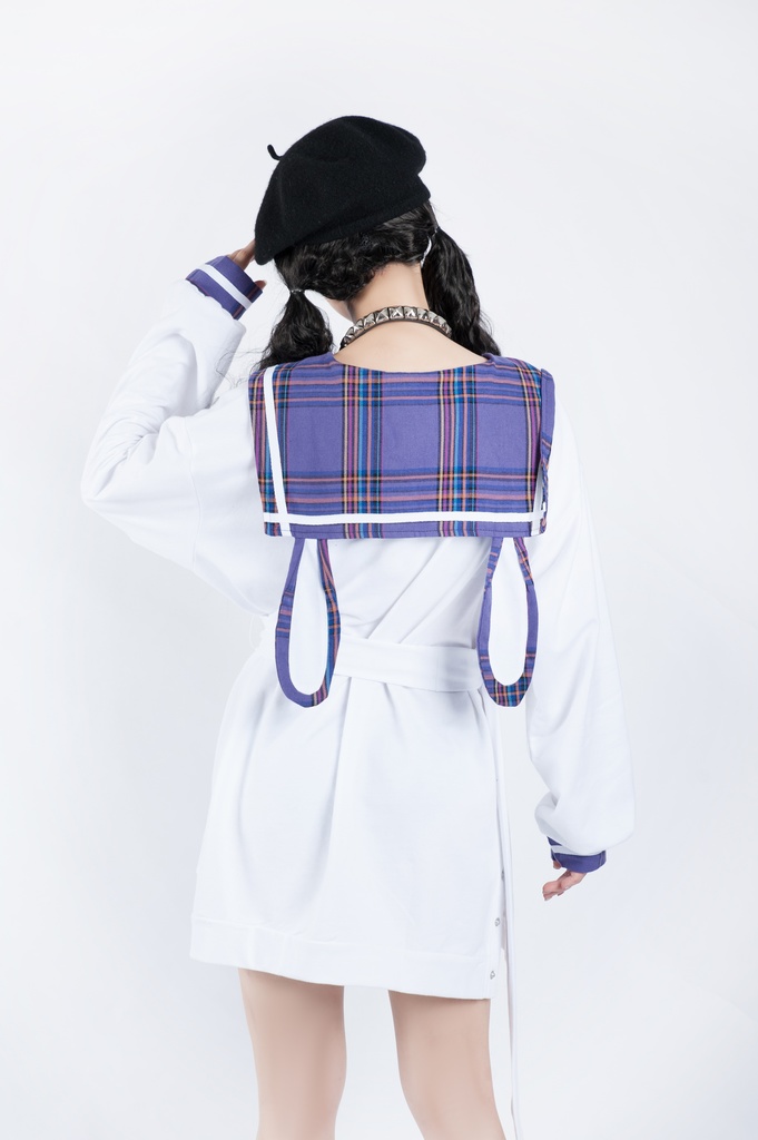 Jillpunkオリジナル二次コン 暗闇の童話セーラー長袖兎耳水兵服ネックタイベルト付きチュニックワンピース サイドスリットドレスタータンチェック柄 COSPLAYレディースV系 病みカワ原宿秋葉系 おしゃれ地雷系可愛い萌え