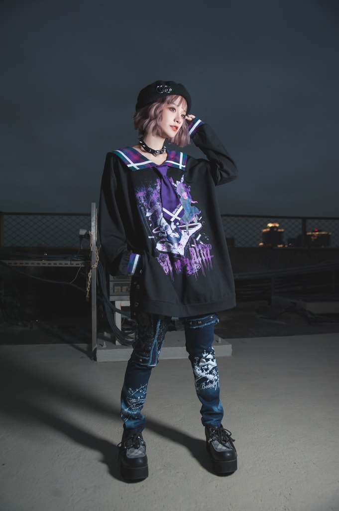 Jillpunkオリジナル二次コン 暗闇の童話セーラー長袖兎耳水兵服ネックタイベルト付きチュニックワンピース サイドスリットドレスタータンチェック柄 COSPLAYレディースV系 病みカワ原宿秋葉系 おしゃれ地雷系可愛い萌え