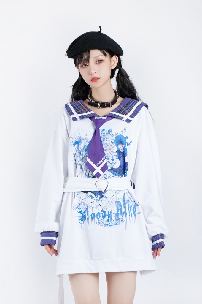 Jillpunkオリジナル二次コン 暗闇の童話セーラー長袖兎耳水兵服ネックタイベルト付きチュニックワンピース サイドスリットドレスタータンチェック柄 COSPLAYレディースV系 病みカワ原宿秋葉系 おしゃれ地雷系可愛い萌え