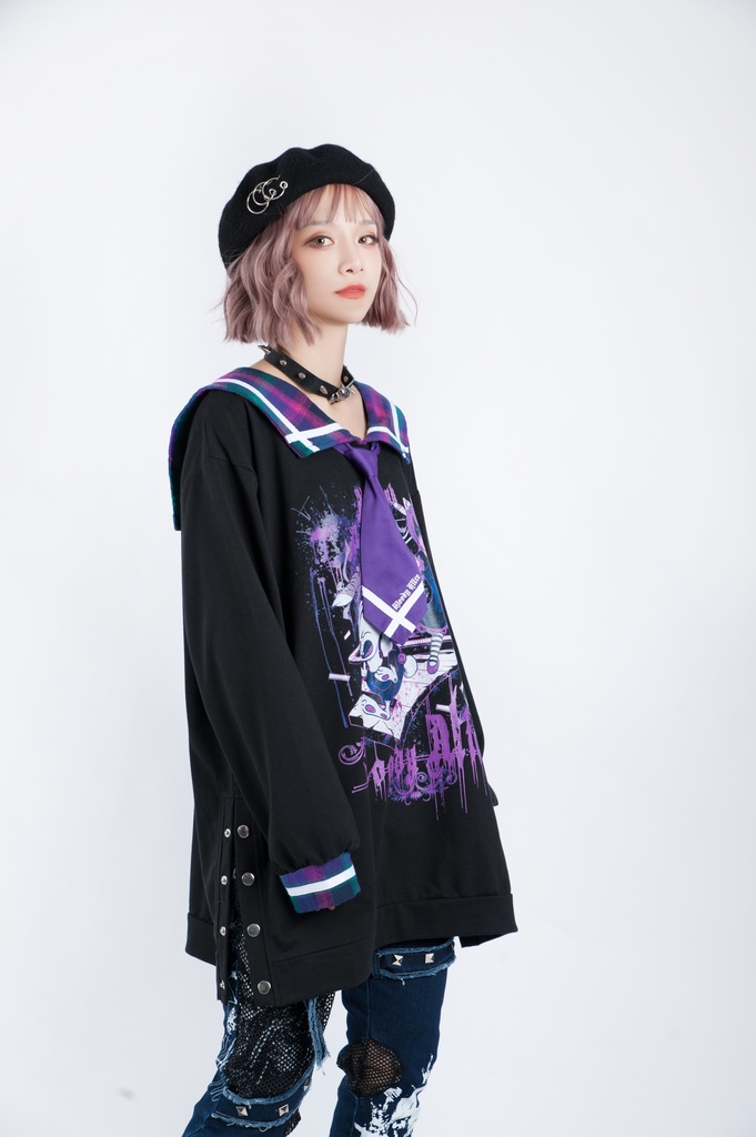 Jillpunkオリジナル二次コン 暗闇の童話セーラー長袖兎耳水兵服ネックタイベルト付きチュニックワンピース サイドスリットドレスタータンチェック柄 COSPLAYレディースV系 病みカワ原宿秋葉系 おしゃれ地雷系可愛い萌え