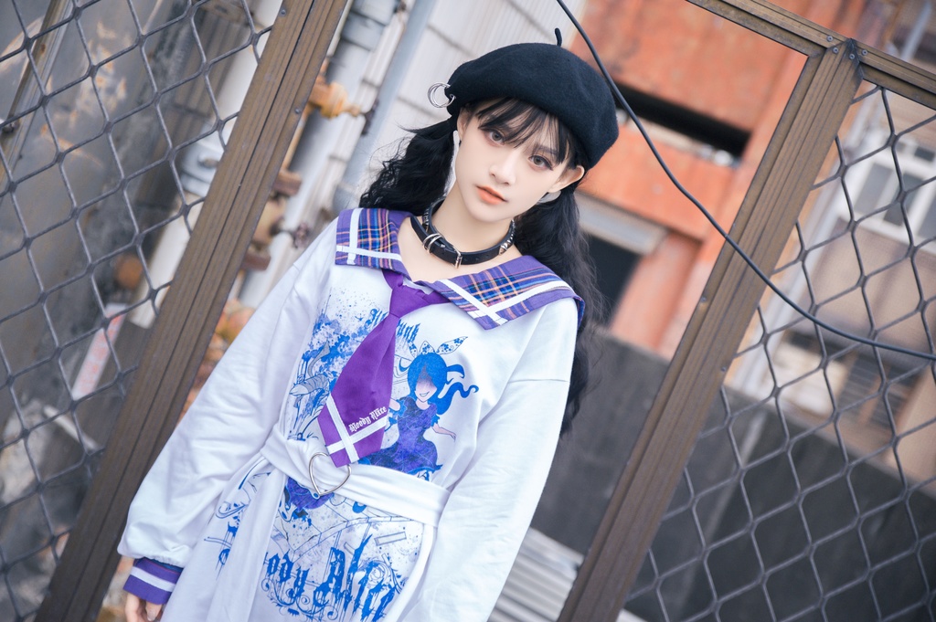 Jillpunkオリジナル二次コン 暗闇の童話セーラー長袖兎耳水兵服ネックタイベルト付きチュニックワンピース サイドスリットドレスタータンチェック柄 COSPLAYレディースV系 病みカワ原宿秋葉系 おしゃれ地雷系可愛い萌え