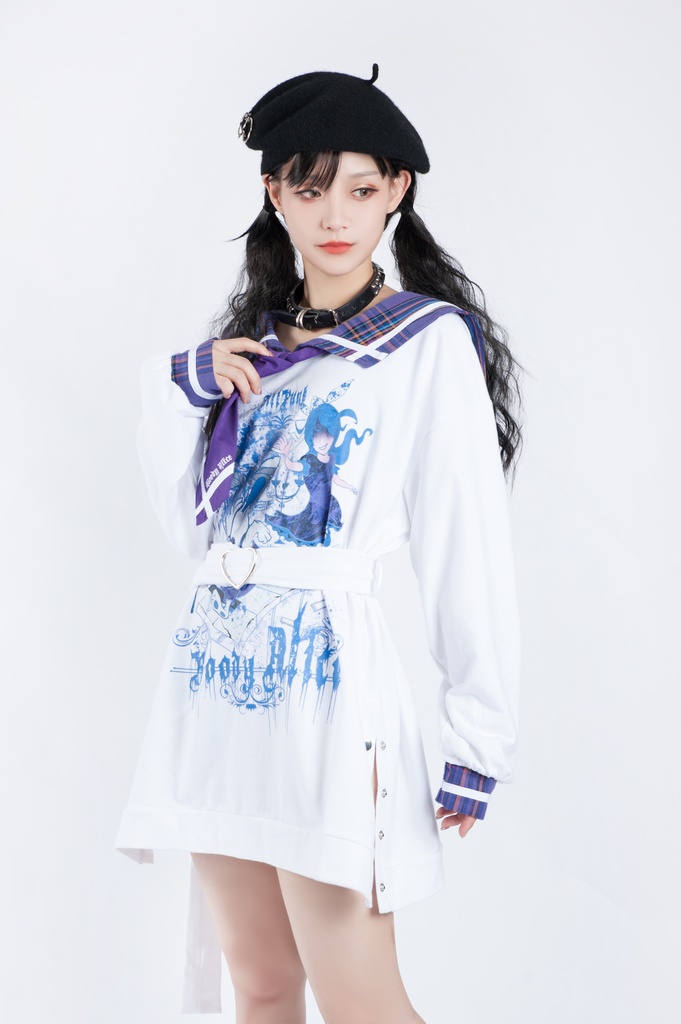 Jillpunkオリジナル二次コン 暗闇の童話セーラー長袖兎耳水兵服ネックタイベルト付きチュニックワンピース サイドスリットドレスタータンチェック柄 COSPLAYレディースV系 病みカワ原宿秋葉系 おしゃれ地雷系可愛い萌え