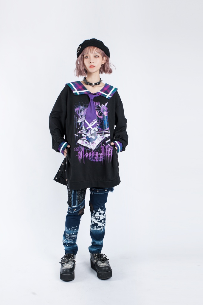 Jillpunkオリジナル二次コン 暗闇の童話セーラー長袖兎耳水兵服ネックタイベルト付きチュニックワンピース サイドスリットドレスタータンチェック柄 COSPLAYレディースV系 病みカワ原宿秋葉系 おしゃれ地雷系可愛い萌え