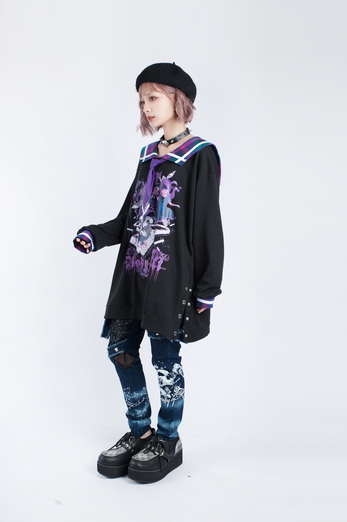 Jillpunkオリジナル二次コン 暗闇の童話セーラー長袖兎耳水兵服ネックタイベルト付きチュニックワンピース サイドスリットドレスタータンチェック柄 COSPLAYレディースV系 病みカワ原宿秋葉系 おしゃれ地雷系可愛い萌え