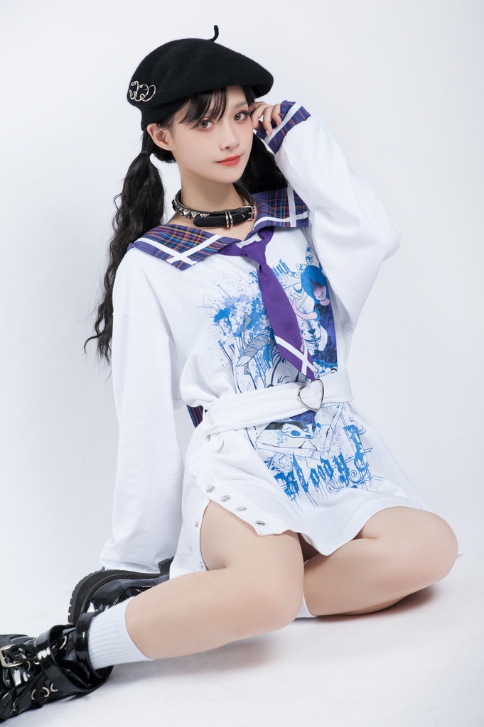 Jillpunkオリジナル二次コン 暗闇の童話セーラー長袖兎耳水兵服ネックタイベルト付きチュニックワンピース サイドスリットドレスタータンチェック柄 COSPLAYレディースV系 病みカワ原宿秋葉系 おしゃれ地雷系可愛い萌え