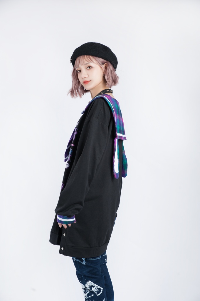 Jillpunkオリジナル二次コン 暗闇の童話セーラー長袖兎耳水兵服ネックタイベルト付きチュニックワンピース サイドスリットドレスタータンチェック柄 COSPLAYレディースV系 病みカワ原宿秋葉系 おしゃれ地雷系可愛い萌え