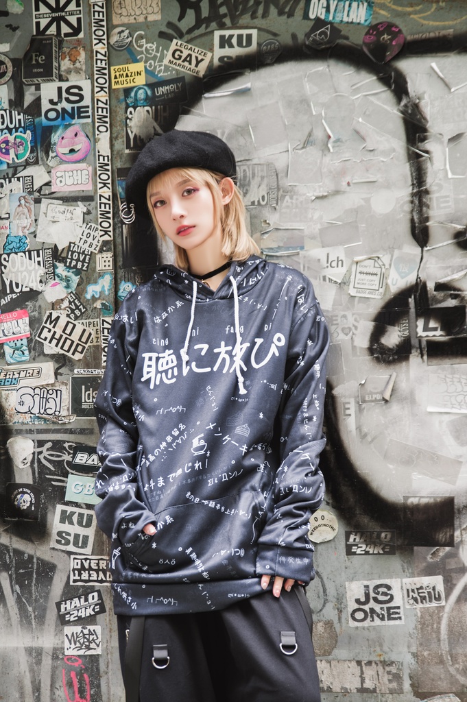 JillpunkオリジナルパンクKERA 偽日本語聴に放ぴ=冗談言うな超かわいいお宅顔文字仮名フルプリントゆったり長袖スウェットパーカーフード付き メンズ レディー V系 おしゃれ大きいサイズ男女兼用ファッション秋葉系