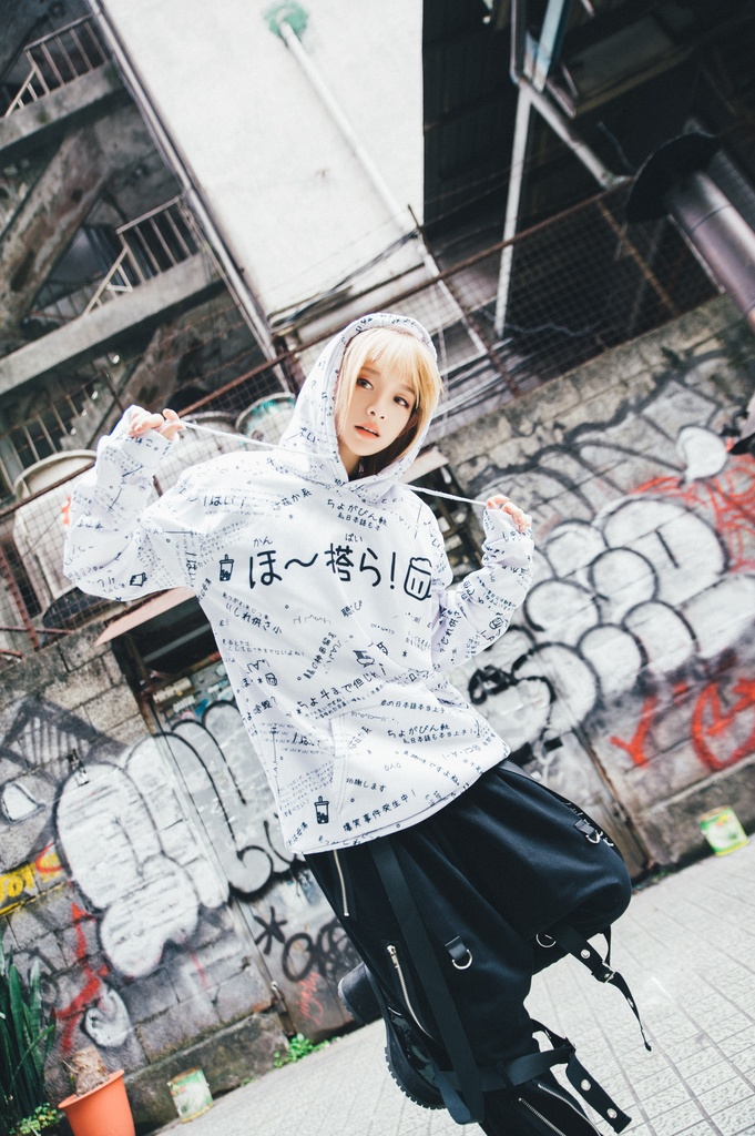 JillpunkオリジナルパンクKERA 偽日本語ほ~搭ら乾杯ら超かわいいお宅顔文字仮名フルプリントゆったり長袖スウェットパーカーフード付き メンズ レディー V系 おしゃれ大きいサイズ男女兼用ファッション秋葉系