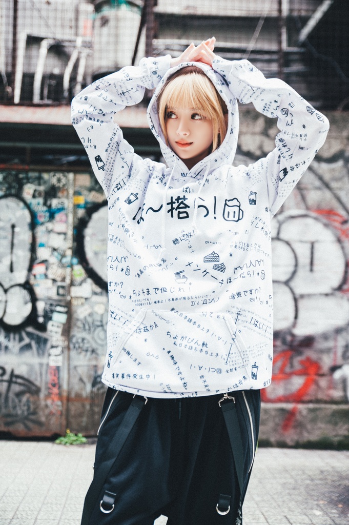 JillpunkオリジナルパンクKERA 偽日本語ほ~搭ら乾杯ら超かわいいお宅顔文字仮名フルプリントゆったり長袖スウェットパーカーフード付き メンズ レディー V系 おしゃれ大きいサイズ男女兼用ファッション秋葉系