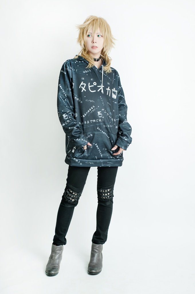 JillpunkオリジナルパンクKERA 偽日本語タピオカ珍珠奶茶超かわいいお宅顔文字仮名フルプリントゆったり長袖スウェットパーカーフード付き メンズ レディー V系 おしゃれ大きいサイズ男女兼用ファッション秋葉系