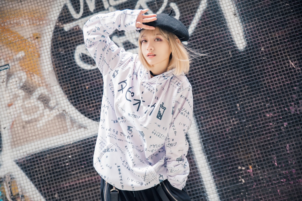 JillpunkオリジナルパンクKERA 偽日本語タピオカ珍珠奶茶超かわいいお宅顔文字仮名フルプリントゆったり長袖スウェットパーカーフード付き メンズ レディー V系 おしゃれ大きいサイズ男女兼用ファッション秋葉系