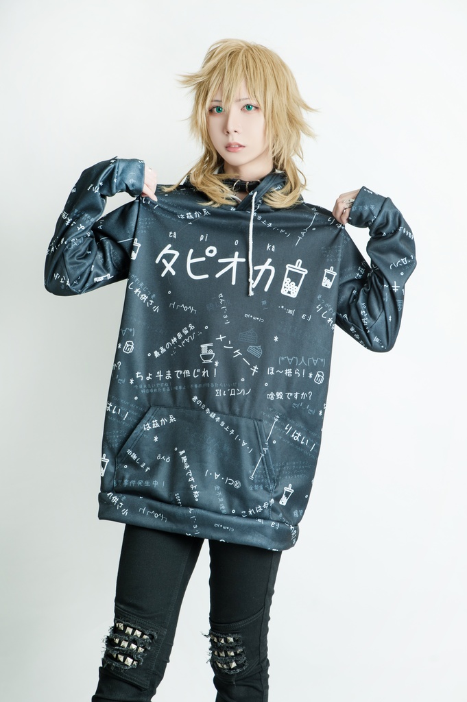 JillpunkオリジナルパンクKERA 偽日本語タピオカ珍珠奶茶超かわいいお宅顔文字仮名フルプリントゆったり長袖スウェットパーカーフード付き メンズ レディー V系 おしゃれ大きいサイズ男女兼用ファッション秋葉系