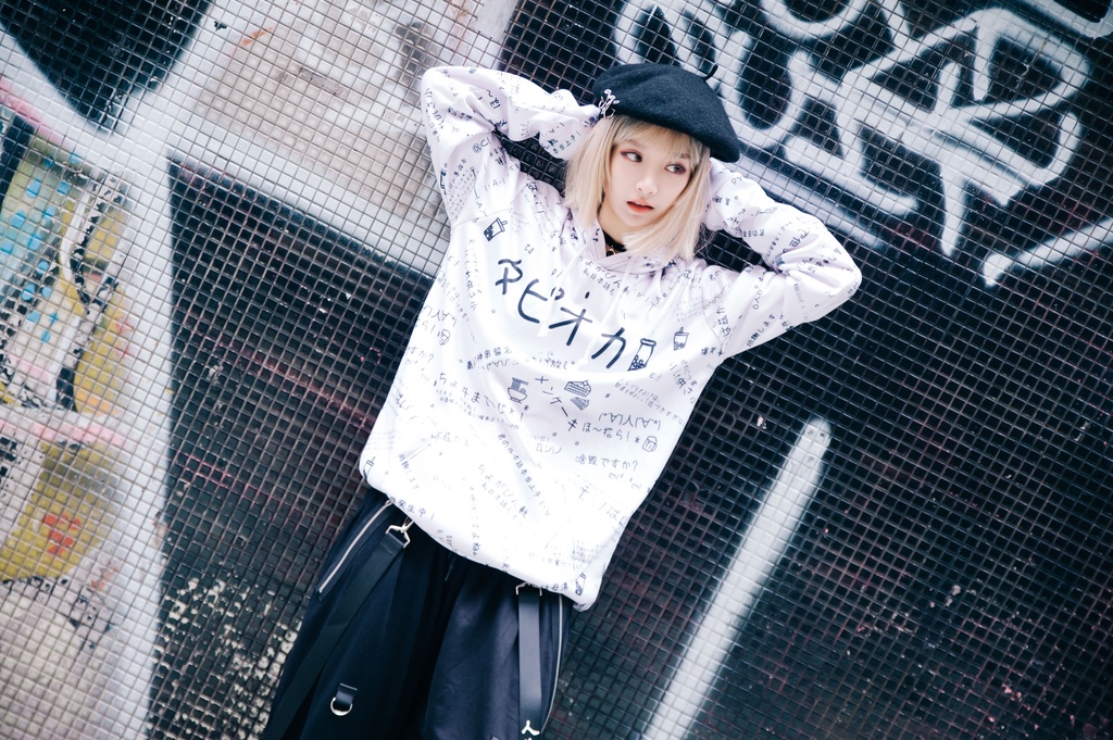 JillpunkオリジナルパンクKERA 偽日本語タピオカ珍珠奶茶超かわいいお宅顔文字仮名フルプリントゆったり長袖スウェットパーカーフード付き メンズ レディー V系 おしゃれ大きいサイズ男女兼用ファッション秋葉系