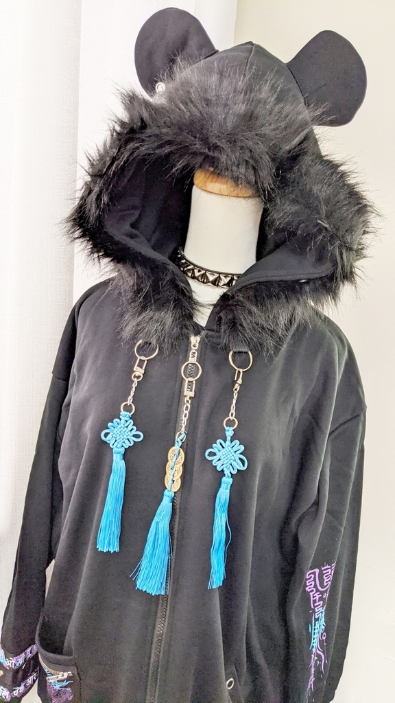 Jillpunkオリジナル中華風退魔唐獅子鎮宅霊符チャイナ吉祥結びタッセル装身具長袖ゆったりフェイクファー猫耳裏起毛パーカージャケット メンズ レディー おしゃれ大きいサイズ男女兼用ファッション秋葉系カッコいい兄系