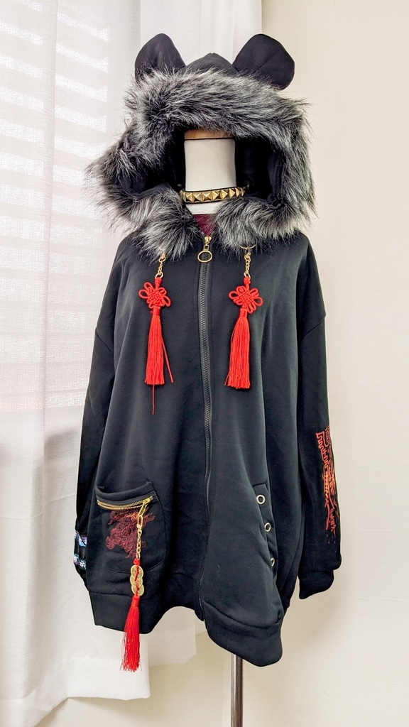 Jillpunkオリジナル中華風退魔唐獅子鎮宅霊符チャイナ吉祥結びタッセル装身具長袖ゆったりフェイクファー猫耳裏起毛パーカージャケット メンズ レディー おしゃれ大きいサイズ男女兼用ファッション秋葉系カッコいい兄系