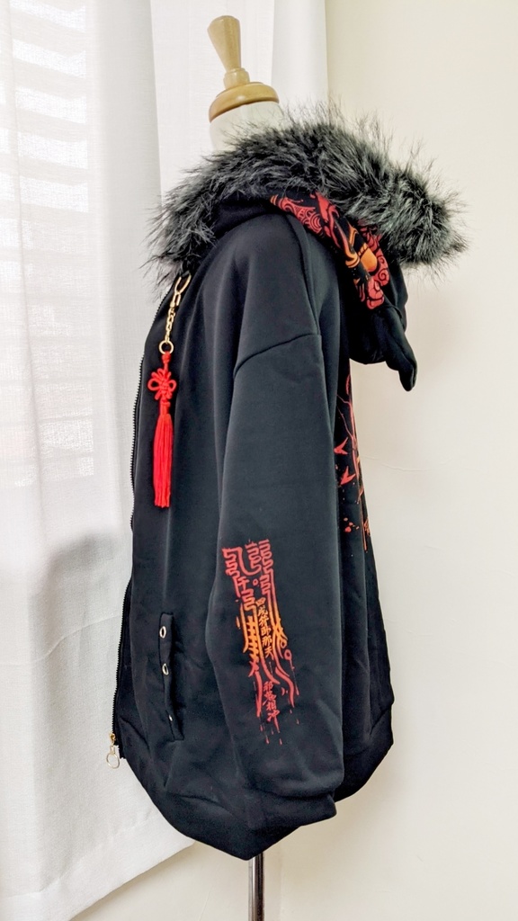 Jillpunkオリジナル中華風退魔唐獅子鎮宅霊符チャイナ吉祥結びタッセル装身具長袖ゆったりフェイクファー猫耳裏起毛パーカージャケット メンズ レディー おしゃれ大きいサイズ男女兼用ファッション秋葉系カッコいい兄系