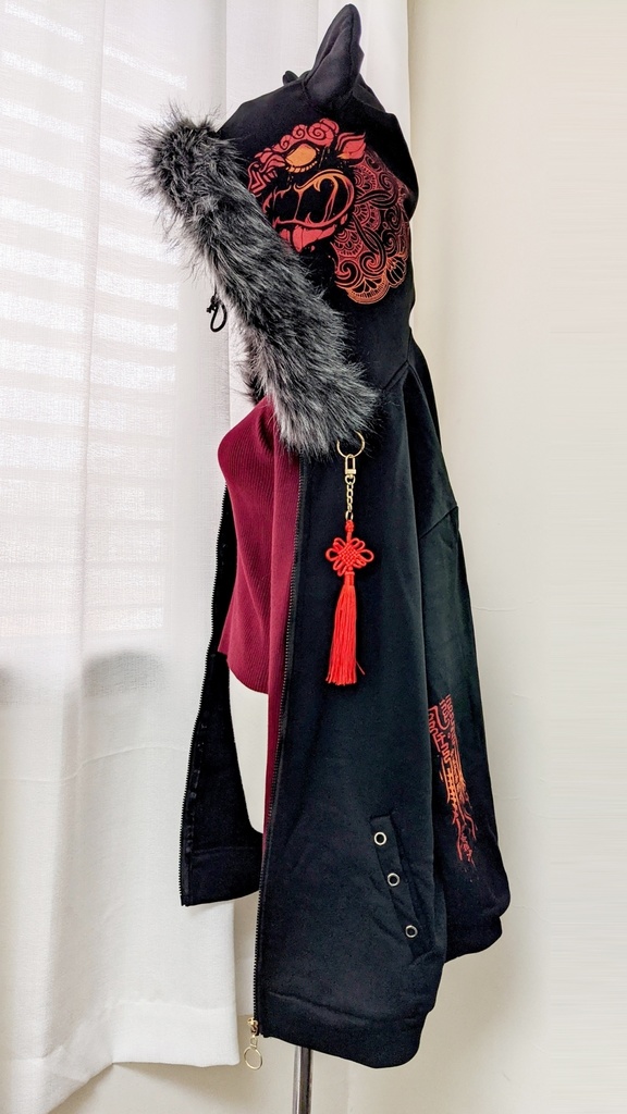 Jillpunkオリジナル中華風退魔唐獅子鎮宅霊符チャイナ吉祥結びタッセル装身具長袖ゆったりフェイクファー猫耳裏起毛パーカージャケット メンズ レディー おしゃれ大きいサイズ男女兼用ファッション秋葉系カッコいい兄系