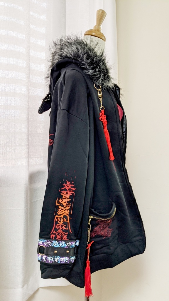 Jillpunkオリジナル中華風退魔唐獅子鎮宅霊符チャイナ吉祥結びタッセル装身具長袖ゆったりフェイクファー猫耳裏起毛パーカージャケット メンズ レディー おしゃれ大きいサイズ男女兼用ファッション秋葉系カッコいい兄系