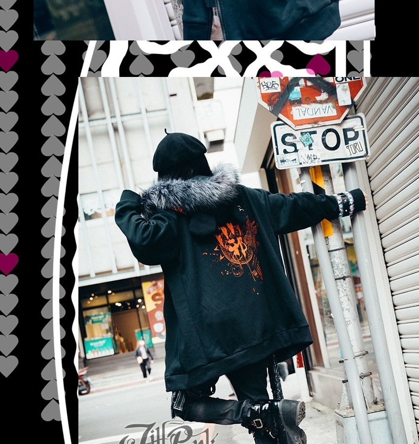 Jillpunkオリジナル中華風退魔唐獅子鎮宅霊符チャイナ吉祥結びタッセル装身具長袖ゆったりフェイクファー猫耳裏起毛パーカージャケット メンズ レディー おしゃれ大きいサイズ男女兼用ファッション秋葉系カッコいい兄系