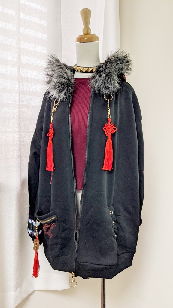 Jillpunkオリジナル中華風退魔唐獅子鎮宅霊符チャイナ吉祥結びタッセル装身具長袖ゆったりフェイクファー猫耳裏起毛パーカージャケット メンズ レディー おしゃれ大きいサイズ男女兼用ファッション秋葉系カッコいい兄系