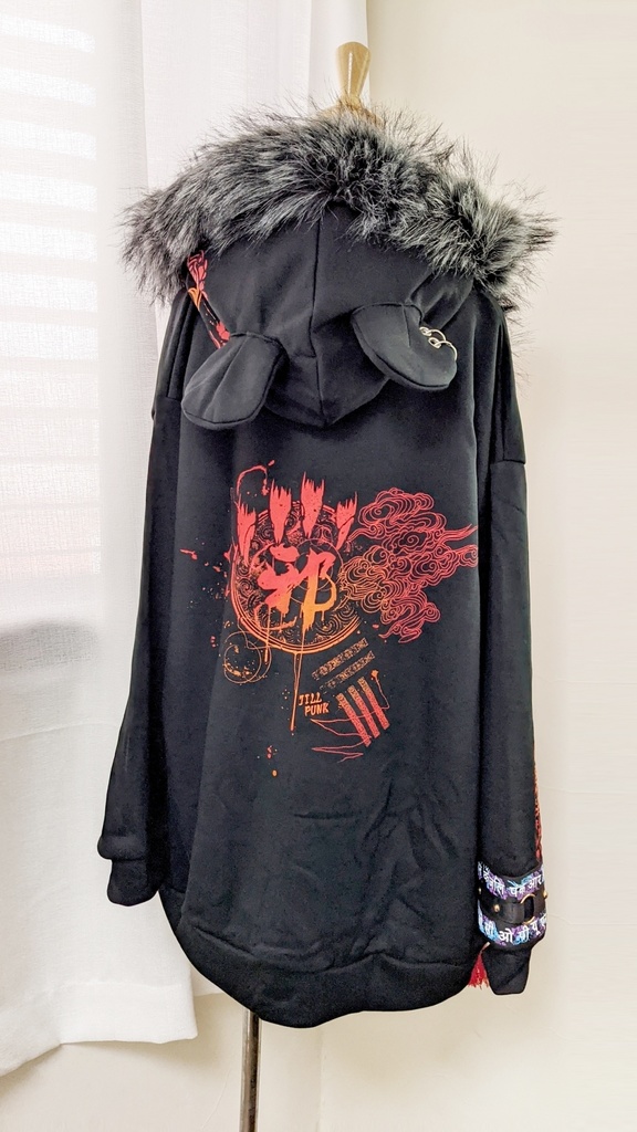 Jillpunkオリジナル中華風退魔唐獅子鎮宅霊符チャイナ吉祥結びタッセル装身具長袖ゆったりフェイクファー猫耳裏起毛パーカージャケット メンズ レディー おしゃれ大きいサイズ男女兼用ファッション秋葉系カッコいい兄系