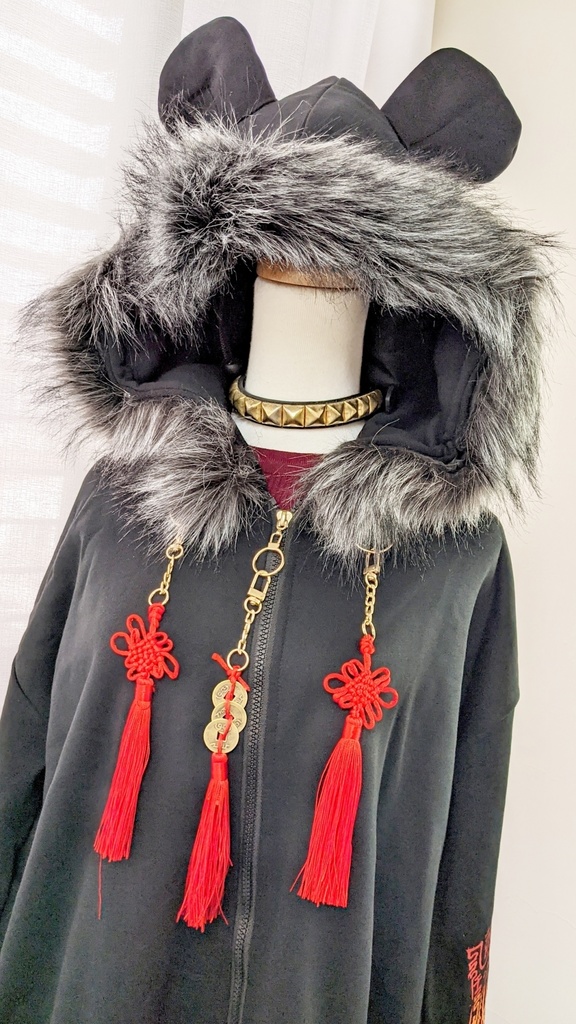 Jillpunkオリジナル中華風退魔唐獅子鎮宅霊符チャイナ吉祥結びタッセル装身具長袖ゆったりフェイクファー猫耳裏起毛パーカージャケット メンズ レディー おしゃれ大きいサイズ男女兼用ファッション秋葉系カッコいい兄系