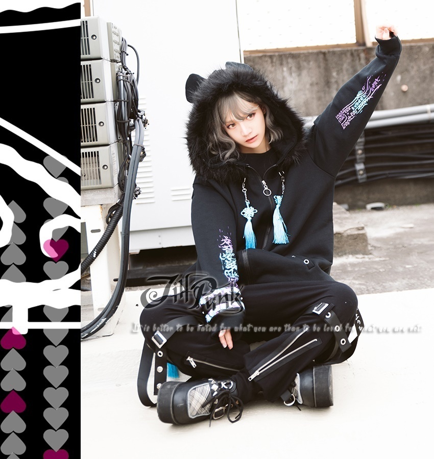 Jillpunkオリジナル中華風退魔唐獅子鎮宅霊符チャイナ吉祥結びタッセル装身具長袖ゆったりフェイクファー猫耳裏起毛パーカージャケット メンズ レディー おしゃれ大きいサイズ男女兼用ファッション秋葉系カッコいい兄系
