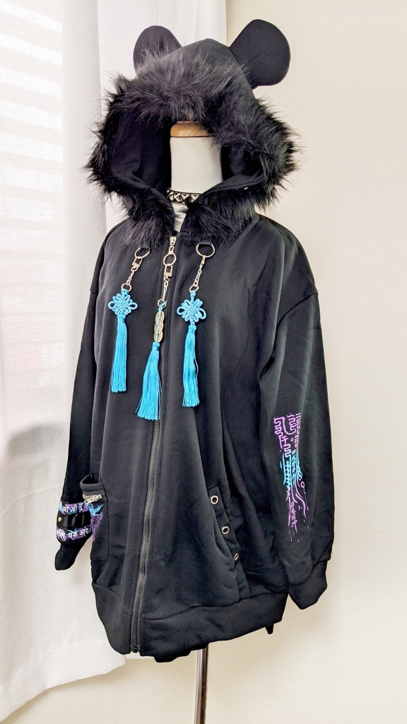 Jillpunkオリジナル中華風退魔唐獅子鎮宅霊符チャイナ吉祥結びタッセル装身具長袖ゆったりフェイクファー猫耳裏起毛パーカージャケット メンズ レディー おしゃれ大きいサイズ男女兼用ファッション秋葉系カッコいい兄系