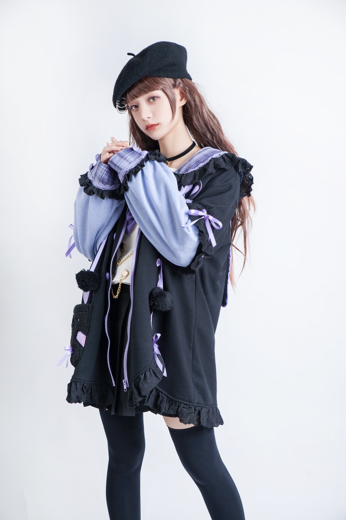 Jillpunkオリジナルアニメファンタジー風船ガムうさぎ兎耳セーラー水兵服タータン柄フリルポンポン付きゆったり長袖ジャケット レディー V系 おしゃれファッション可愛い秋葉系萌え二次コン姫系森系ロリータ