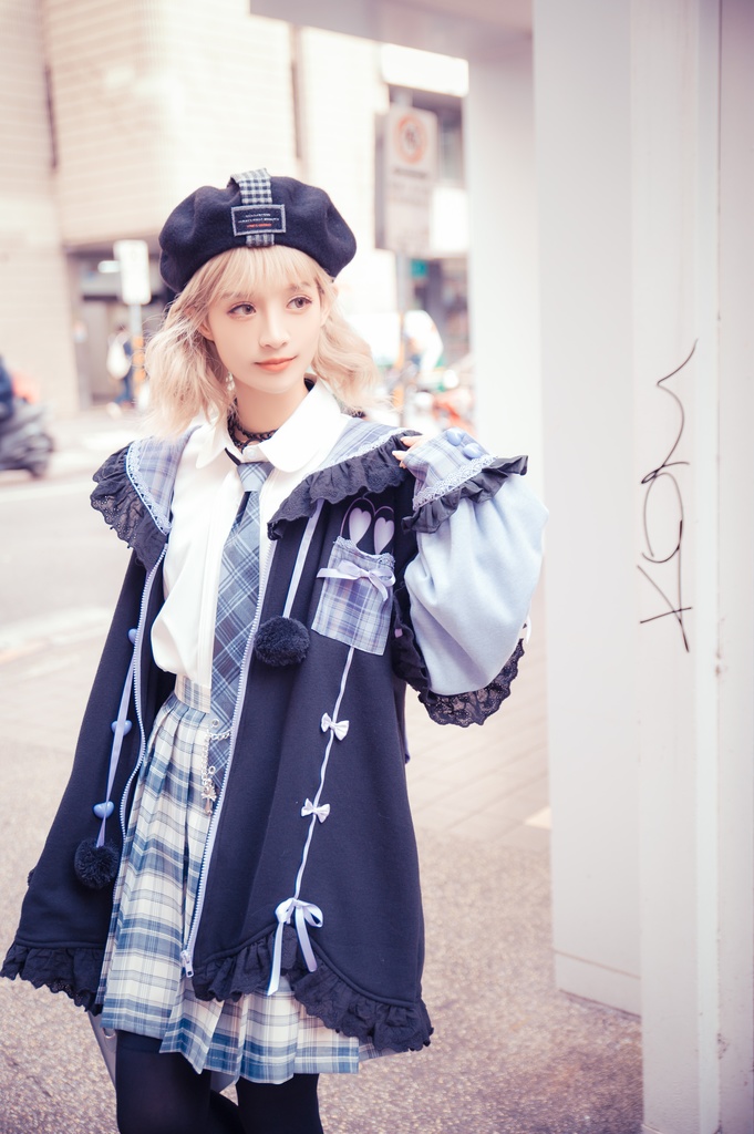 Jillpunkオリジナルアニメファンタジー風船ガムうさぎ兎耳セーラー水兵服タータン柄フリルポンポン付きゆったり長袖ジャケット レディー V系 おしゃれファッション可愛い秋葉系萌え二次コン姫系森系ロリータ