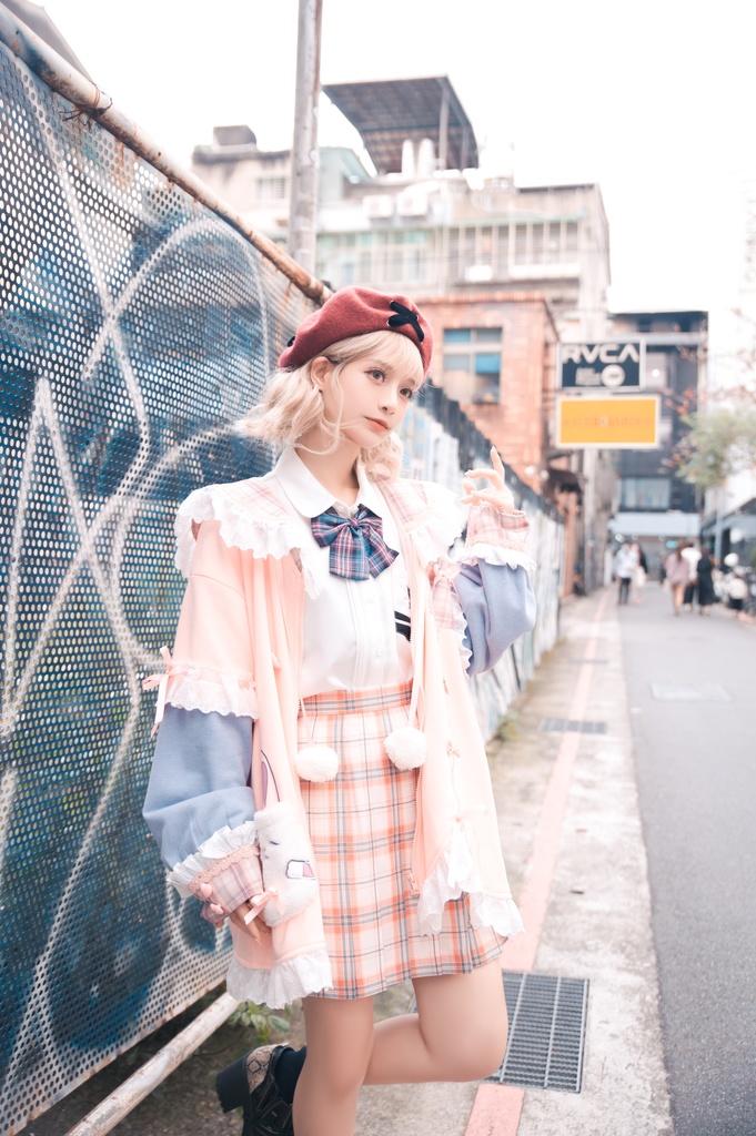 Jillpunkオリジナルアニメファンタジー風船ガムうさぎ兎耳セーラー水兵服タータン柄フリルポンポン付きゆったり長袖ジャケット レディー V系 おしゃれファッション可愛い秋葉系萌え二次コン姫系森系ロリータ