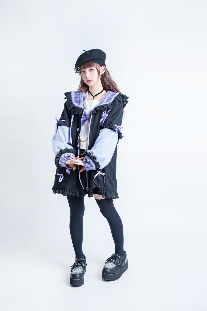 Jillpunkオリジナルアニメファンタジー風船ガムうさぎ兎耳セーラー水兵服タータン柄フリルポンポン付きゆったり長袖ジャケット レディー V系 おしゃれファッション可愛い秋葉系萌え二次コン姫系森系ロリータ