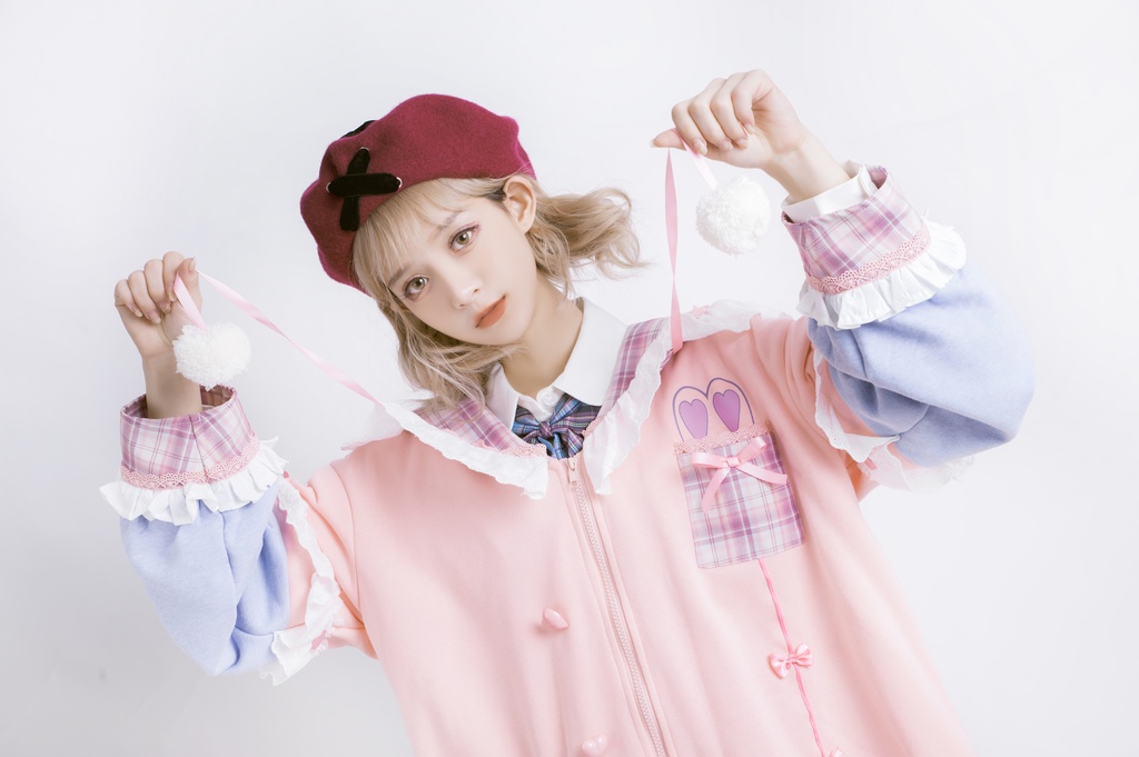 Jillpunkオリジナルアニメファンタジー風船ガムうさぎ兎耳セーラー水兵服タータン柄フリルポンポン付きゆったり長袖ジャケット レディー V系 おしゃれファッション可愛い秋葉系萌え二次コン姫系森系ロリータ
