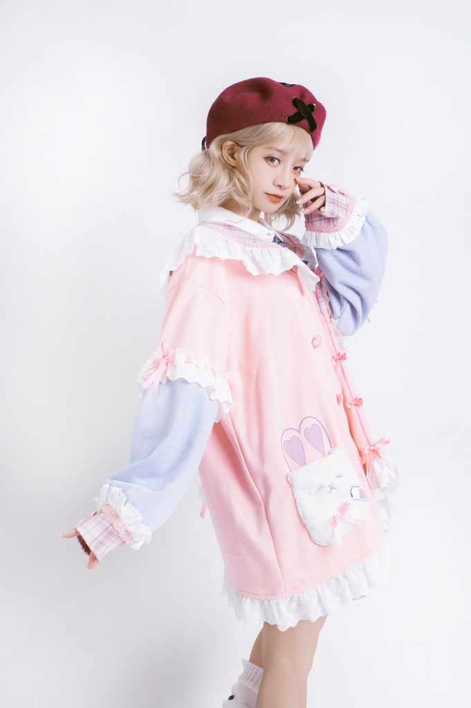 Jillpunkオリジナルアニメファンタジー風船ガムうさぎ兎耳セーラー水兵服タータン柄フリルポンポン付きゆったり長袖ジャケット レディー V系 おしゃれファッション可愛い秋葉系萌え二次コン姫系森系ロリータ
