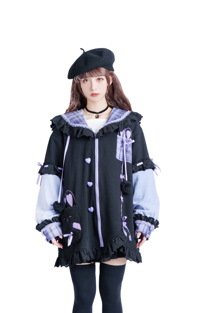 Jillpunkオリジナルアニメファンタジー風船ガムうさぎ兎耳セーラー水兵服タータン柄フリルポンポン付きゆったり長袖ジャケット レディー V系 おしゃれファッション可愛い秋葉系萌え二次コン姫系森系ロリータ