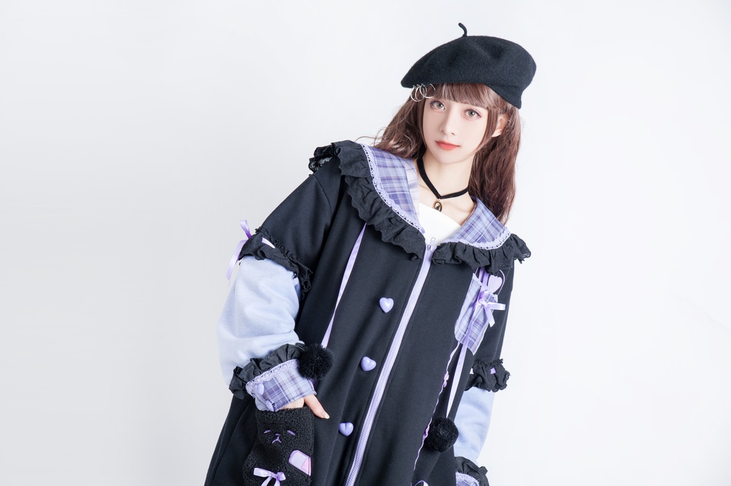 Jillpunkオリジナルアニメファンタジー風船ガムうさぎ兎耳セーラー水兵服タータン柄フリルポンポン付きゆったり長袖ジャケット レディー V系 おしゃれファッション可愛い秋葉系萌え二次コン姫系森系ロリータ