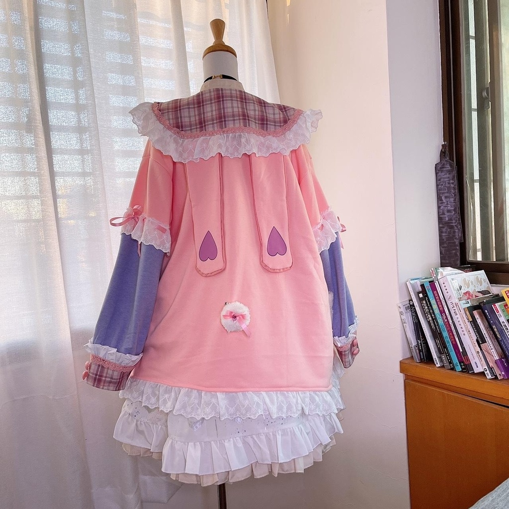 Jillpunkオリジナルアニメファンタジー風船ガムうさぎ兎耳セーラー水兵服タータン柄フリルポンポン付きゆったり長袖ジャケット レディー V系 おしゃれファッション可愛い秋葉系萌え二次コン姫系森系ロリータ