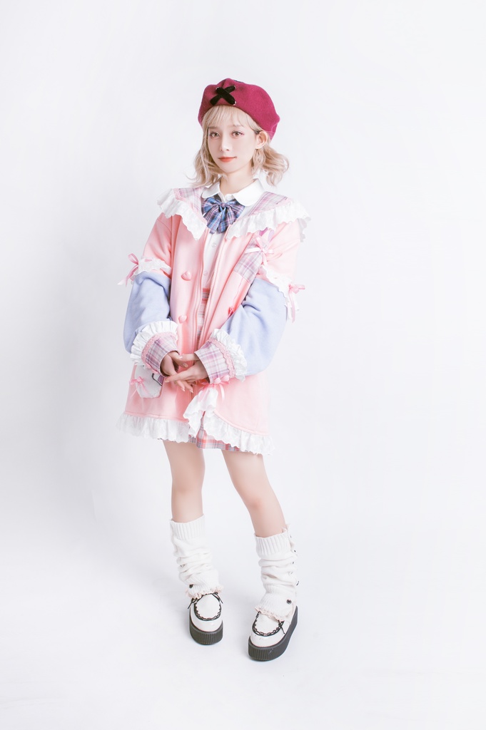 Jillpunkオリジナルアニメファンタジー風船ガムうさぎ兎耳セーラー水兵服タータン柄フリルポンポン付きゆったり長袖ジャケット レディー V系 おしゃれファッション可愛い秋葉系萌え二次コン姫系森系ロリータ