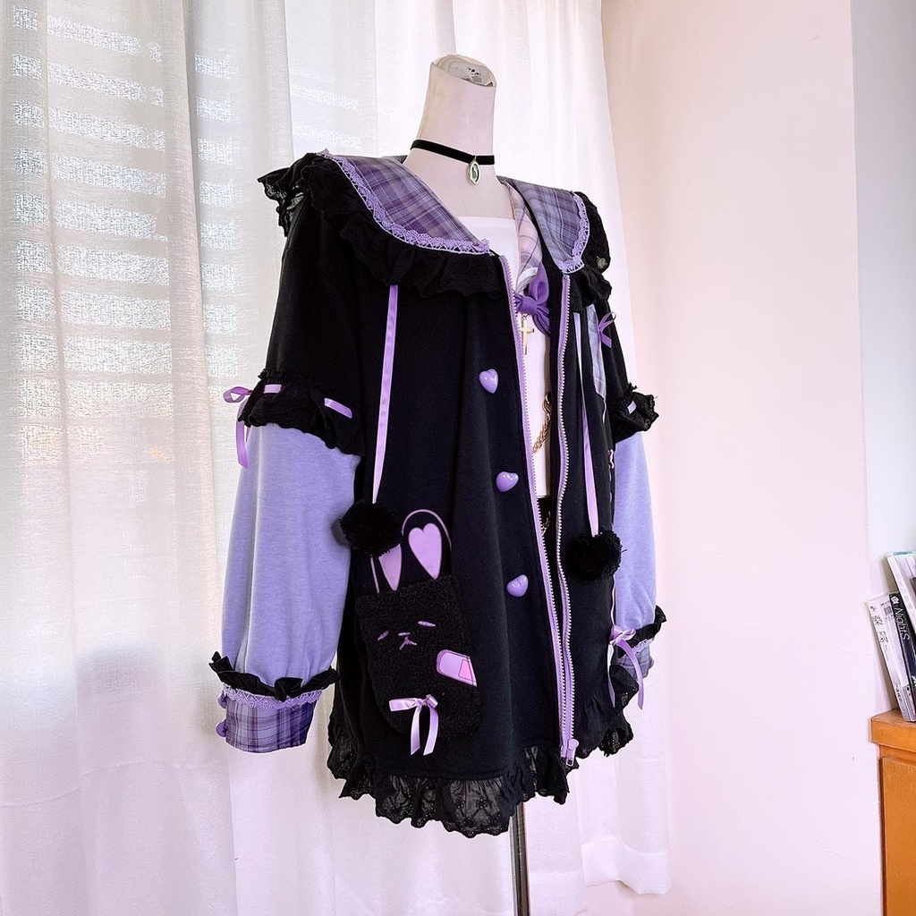 Jillpunkオリジナルアニメファンタジー風船ガムうさぎ兎耳セーラー水兵服タータン柄フリルポンポン付きゆったり長袖ジャケット レディー V系 おしゃれファッション可愛い秋葉系萌え二次コン姫系森系ロリータ