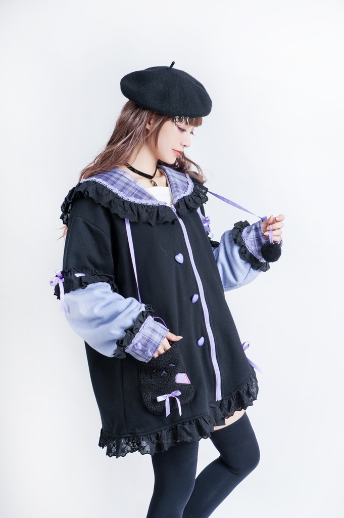 Jillpunkオリジナルアニメファンタジー風船ガムうさぎ兎耳セーラー水兵服タータン柄フリルポンポン付きゆったり長袖ジャケット レディー V系 おしゃれファッション可愛い秋葉系萌え二次コン姫系森系ロリータ