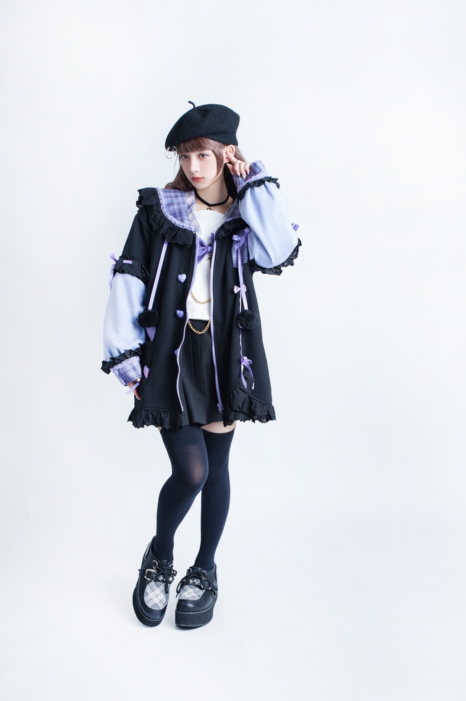 Jillpunkオリジナルアニメファンタジー風船ガムうさぎ兎耳セーラー水兵服タータン柄フリルポンポン付きゆったり長袖ジャケット レディー V系 おしゃれファッション可愛い秋葉系萌え二次コン姫系森系ロリータ