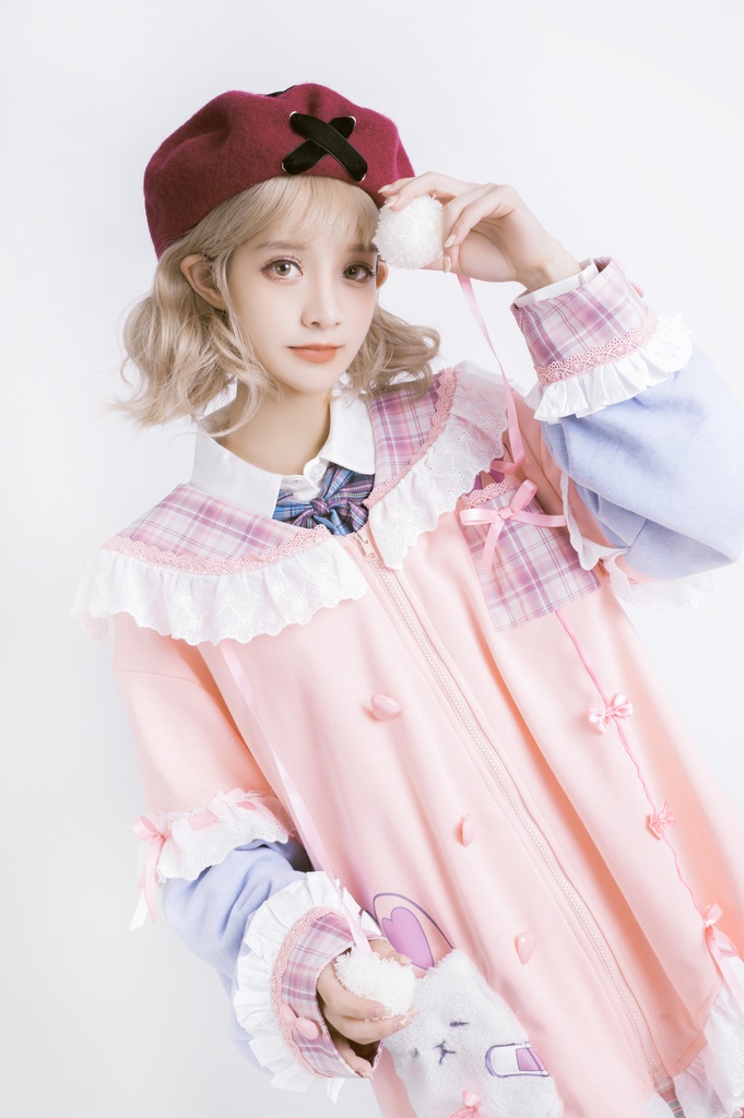 Jillpunkオリジナルアニメファンタジー風船ガムうさぎ兎耳セーラー水兵服タータン柄フリルポンポン付きゆったり長袖ジャケット レディー V系 おしゃれファッション可愛い秋葉系萌え二次コン姫系森系ロリータ