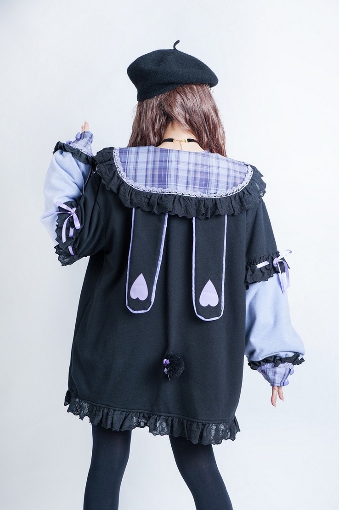 Jillpunkオリジナルアニメファンタジー風船ガムうさぎ兎耳セーラー水兵服タータン柄フリルポンポン付きゆったり長袖ジャケット レディー V系 おしゃれファッション可愛い秋葉系萌え二次コン姫系森系ロリータ