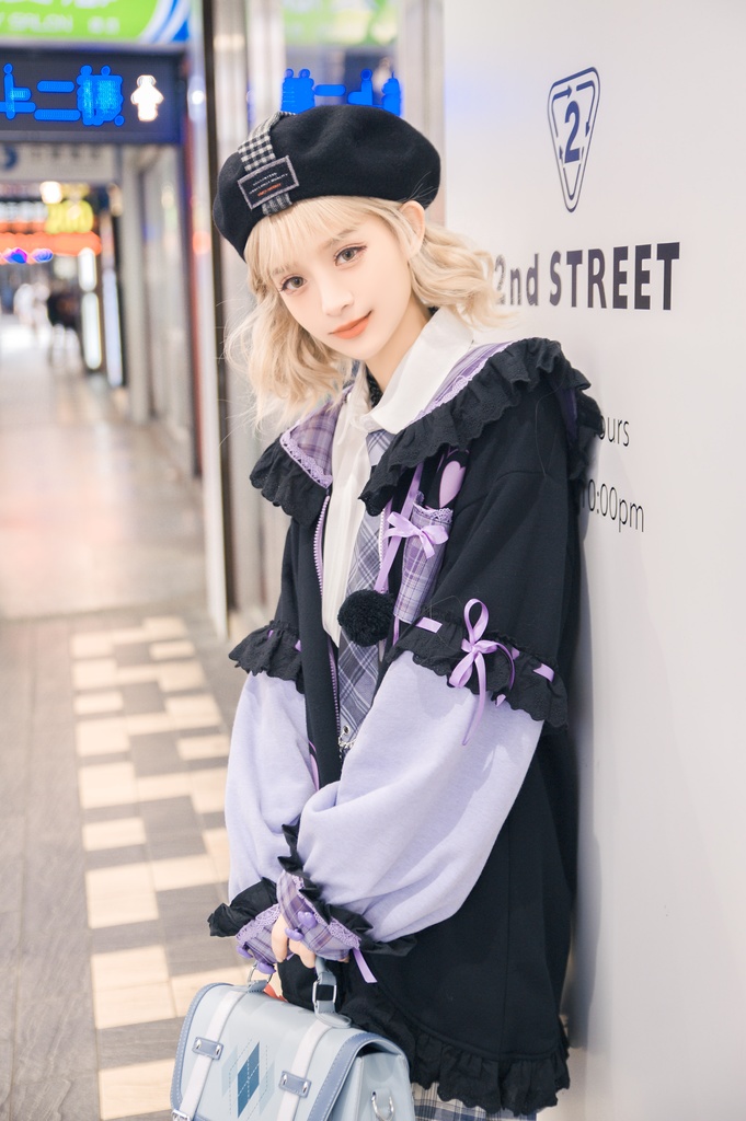 Jillpunkオリジナルアニメファンタジー風船ガムうさぎ兎耳セーラー水兵服タータン柄フリルポンポン付きゆったり長袖ジャケット レディー V系 おしゃれファッション可愛い秋葉系萌え二次コン姫系森系ロリータ