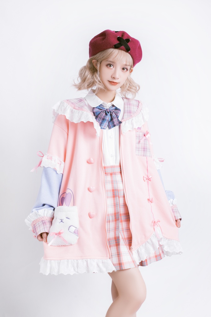 Jillpunkオリジナルアニメファンタジー風船ガムうさぎ兎耳セーラー水兵服タータン柄フリルポンポン付きゆったり長袖ジャケット レディー V系 おしゃれファッション可愛い秋葉系萌え二次コン姫系森系ロリータ