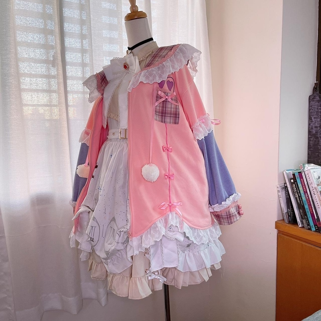 Jillpunkオリジナルアニメファンタジー風船ガムうさぎ兎耳セーラー水兵服タータン柄フリルポンポン付きゆったり長袖ジャケット レディー V系 おしゃれファッション可愛い秋葉系萌え二次コン姫系森系ロリータ