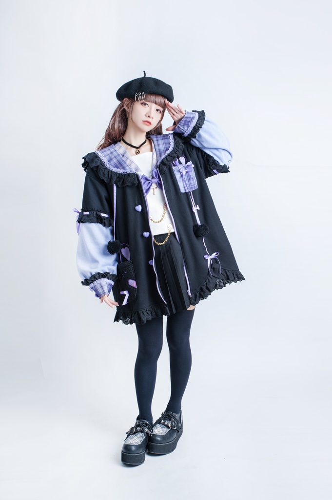 Jillpunkオリジナルアニメファンタジー風船ガムうさぎ兎耳セーラー水兵服タータン柄フリルポンポン付きゆったり長袖ジャケット レディー V系 おしゃれファッション可愛い秋葉系萌え二次コン姫系森系ロリータ