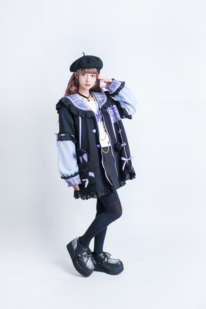 Jillpunkオリジナルアニメファンタジー風船ガムうさぎ兎耳セーラー水兵服タータン柄フリルポンポン付きゆったり長袖ジャケット レディー V系 おしゃれファッション可愛い秋葉系萌え二次コン姫系森系ロリータ